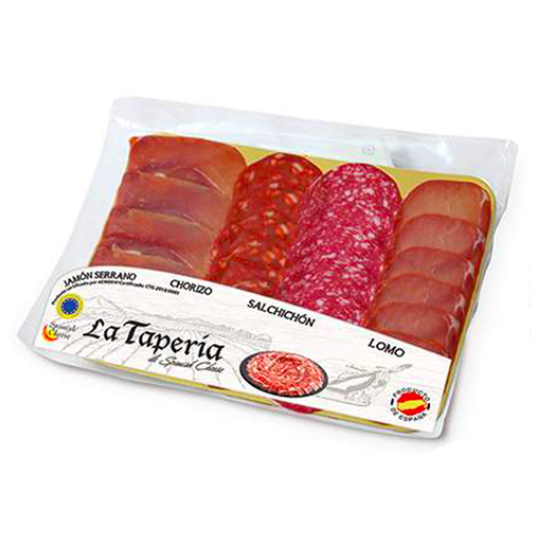 Набор Хамон Серрано, Чоризо, Сальчичон и Ломо резерва, нарезка 105 грамм